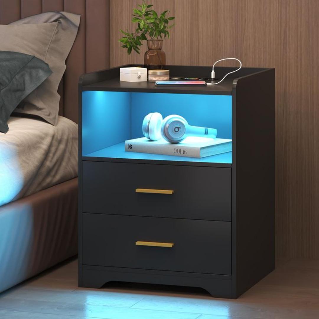 ​Modern Smart Nightstand with LED Light & Charging Station – Stylish Bedside Table with 2 Drawers – Versatile Side End Table for Bedroom & Living Room – Premium Royal Teak, White & Black Finishes