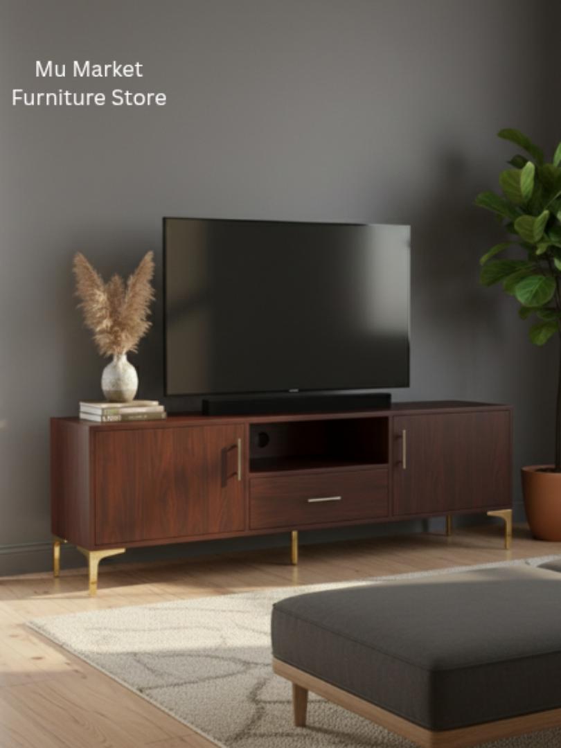 ​Premium 1.8M TV Stand Entertainment Center with Gold Legs & Storage Cabinets - Modern Low Profile Media Console for Living Room - Stylish Cherry Wood Finish Sideboard Furniture - Mu Market Exclusive