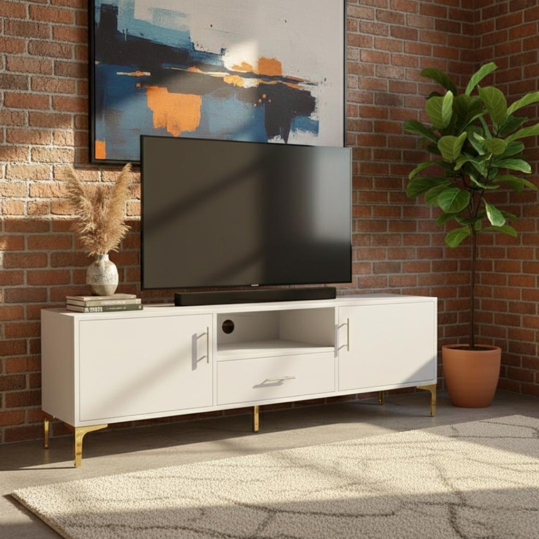 ​Premium 1.8M TV Stand Entertainment Center with Gold Legs & Storage Cabinets - Modern Low Profile Media Console for Living Room - Stylish Cherry Wood Finish Sideboard Furniture - Mu Market Exclusive