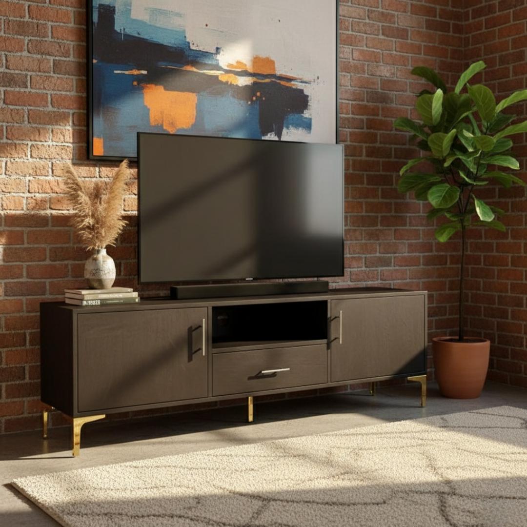 ​Premium 1.8M TV Stand Entertainment Center with Gold Legs & Storage Cabinets - Modern Low Profile Media Console for Living Room - Stylish Cherry Wood Finish Sideboard Furniture - Mu Market Exclusive