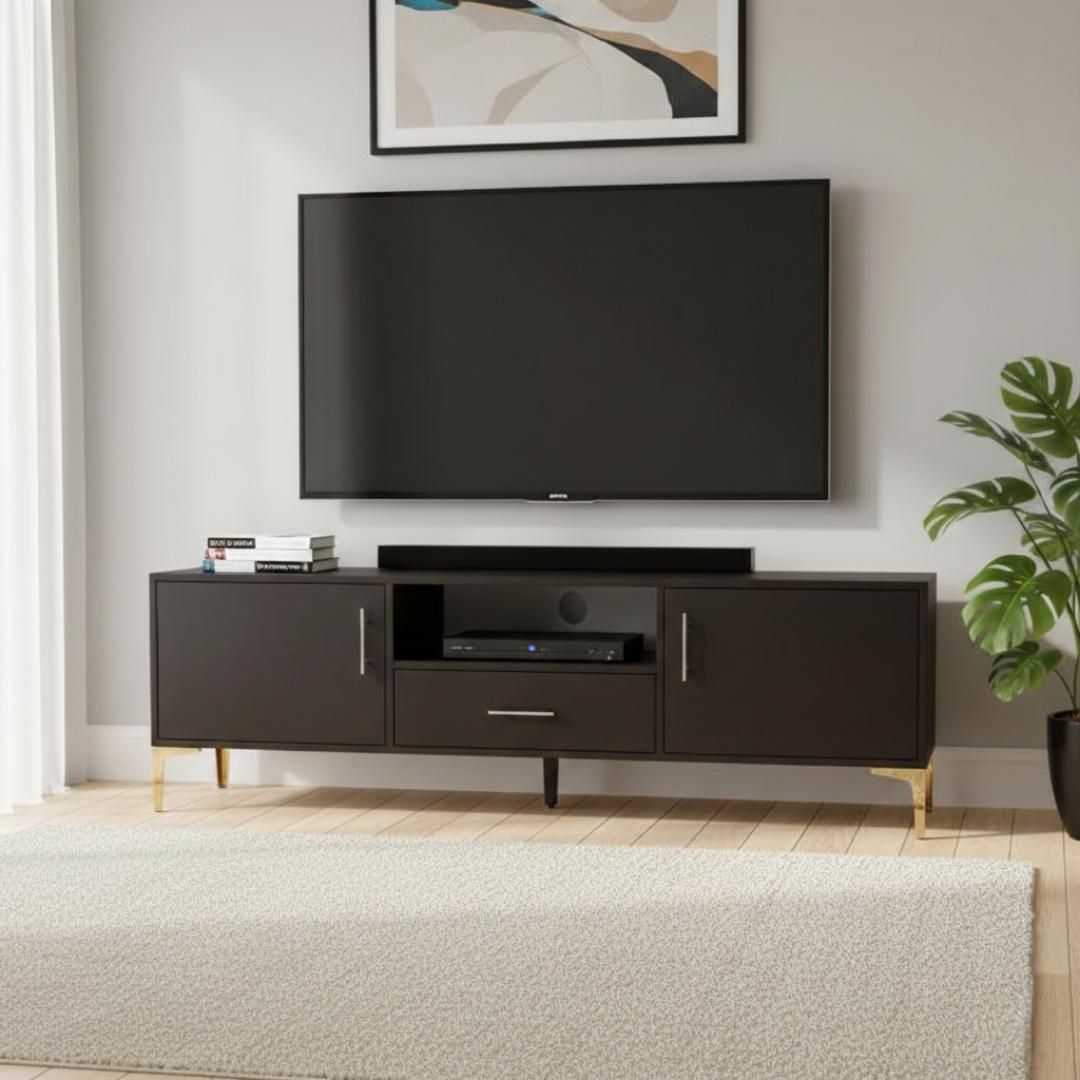 ​Premium 1.8M TV Stand Entertainment Center with Gold Legs & Storage Cabinets - Modern Low Profile Media Console for Living Room - Stylish Cherry Wood Finish Sideboard Furniture - Mu Market Exclusive