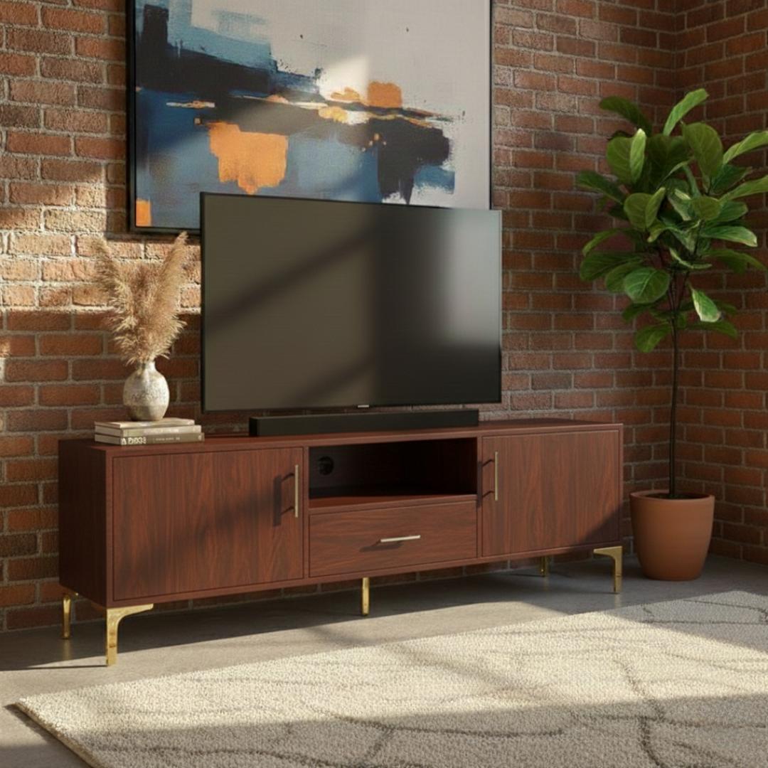 ​Premium 1.8M TV Stand Entertainment Center with Gold Legs & Storage Cabinets - Modern Low Profile Media Console for Living Room - Stylish Cherry Wood Finish Sideboard Furniture - Mu Market Exclusive