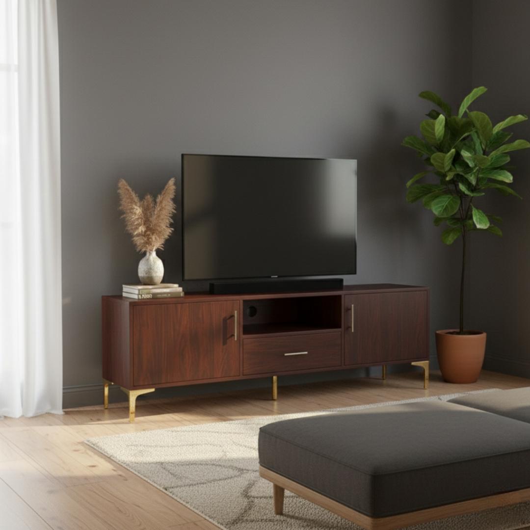 ​Premium 1.8M TV Stand Entertainment Center with Gold Legs & Storage Cabinets - Modern Low Profile Media Console for Living Room - Stylish Cherry Wood Finish Sideboard Furniture - Mu Market Exclusive