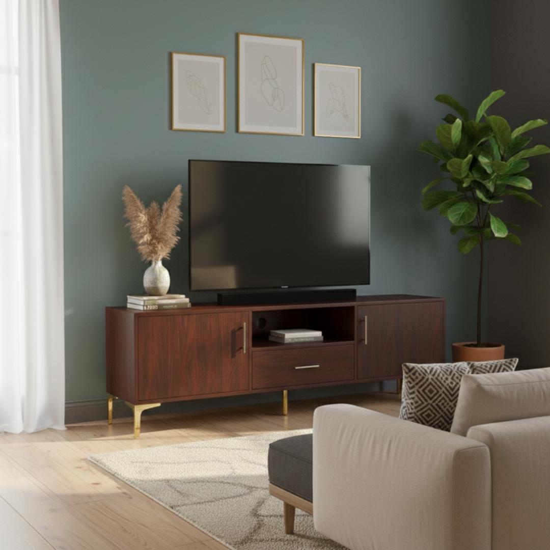 ​Premium 1.8M TV Stand Entertainment Center with Gold Legs & Storage Cabinets - Modern Low Profile Media Console for Living Room - Stylish Cherry Wood Finish Sideboard Furniture - Mu Market Exclusive