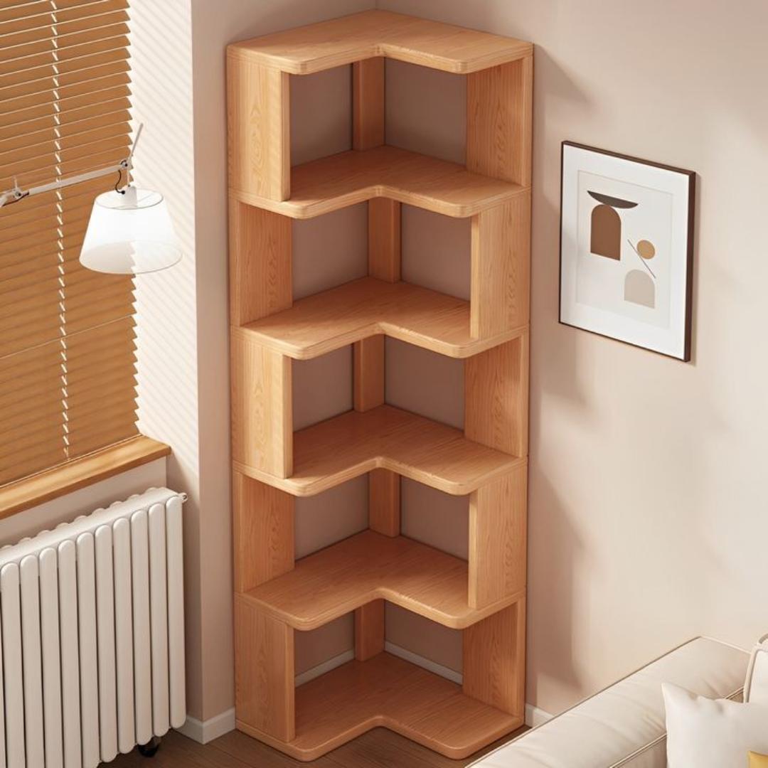 ​Modern 5-Tier Corner Bookshelf & L-Shaped Display Rack - Stylish Wooden Storage Organizer, Space-Saving Zig-Zag Bookshelf for Living Room, Bedroom & Office - Durable Decorative Standing Wall Shelf