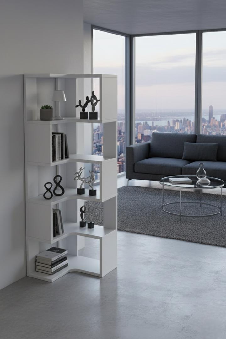 ​Modern 5-Tier Corner Bookshelf & L-Shaped Display Rack - Stylish Wooden Storage Organizer, Space-Saving Zig-Zag Bookshelf for Living Room, Bedroom & Office - Durable Decorative Standing Wall Shelf