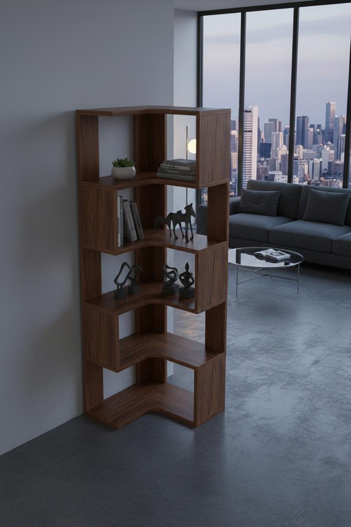 ​Modern 5-Tier Corner Bookshelf & L-Shaped Display Rack - Stylish Wooden Storage Organizer, Space-Saving Zig-Zag Bookshelf for Living Room, Bedroom & Office - Durable Decorative Standing Wall Shelf