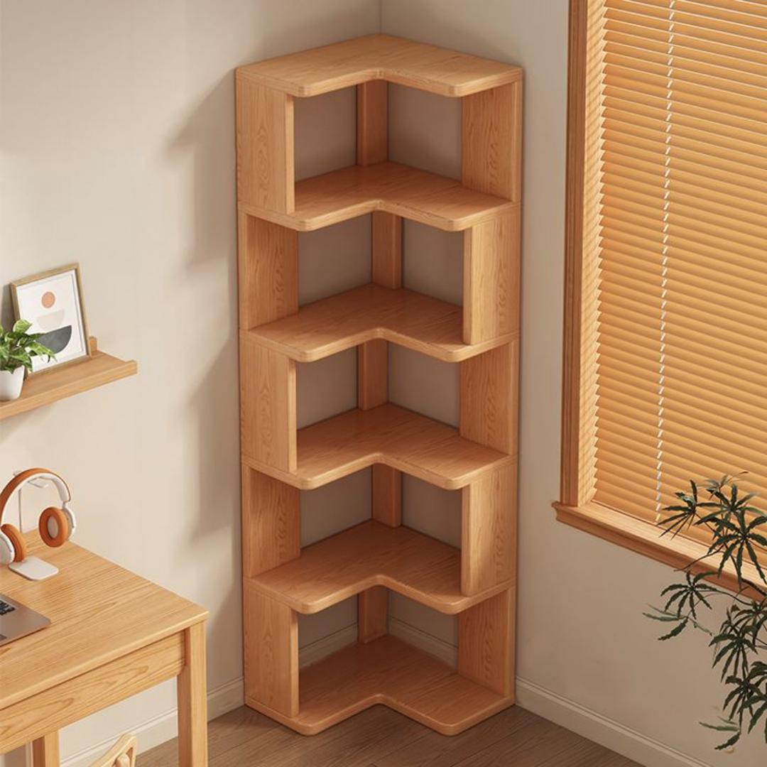 ​Modern 5-Tier Corner Bookshelf & L-Shaped Display Rack - Stylish Wooden Storage Organizer, Space-Saving Zig-Zag Bookshelf for Living Room, Bedroom & Office - Durable Decorative Standing Wall Shelf