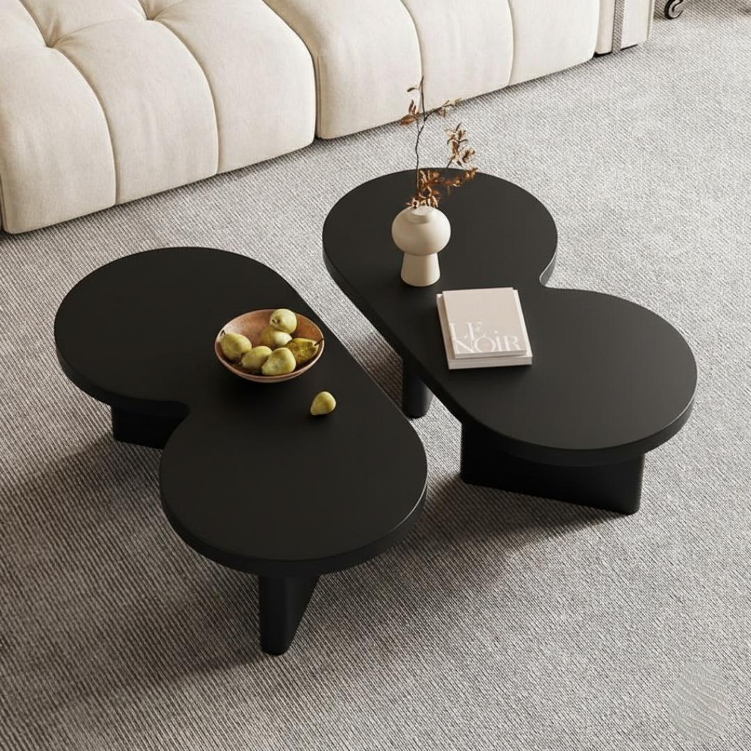 Modern Nesting Coffee Table Set of 2 - Elegant Matte Black & Wood Finish Low Profile Circular Minimalist Accent Tables for Living Room, Office, Home Decor - Durable, Stylish & Versatile Center Tables