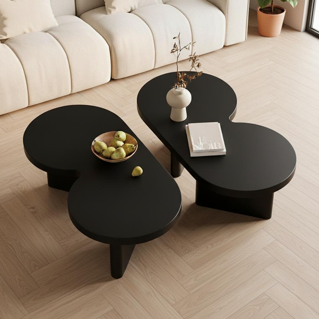 Modern Nesting Coffee Table Set of 2 - Elegant Matte Black & Wood Finish Low Profile Circular Minimalist Accent Tables for Living Room, Office, Home Decor - Durable, Stylish & Versatile Center Tables