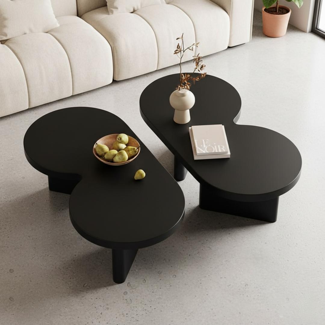 Modern Nesting Coffee Table Set of 2 - Elegant Matte Black & Wood Finish Low Profile Circular Minimalist Accent Tables for Living Room, Office, Home Decor - Durable, Stylish & Versatile Center Tables