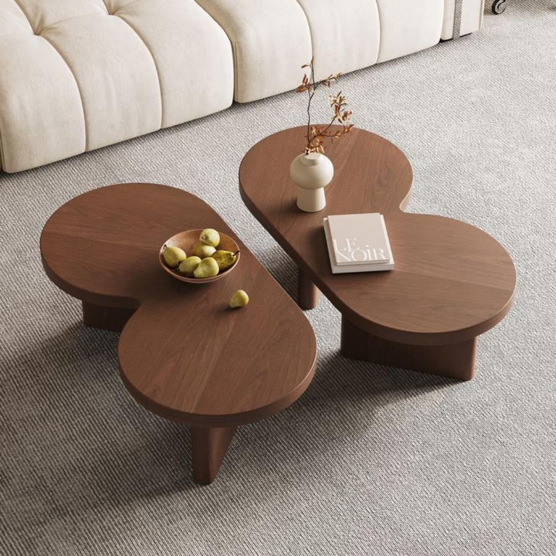 Modern Nesting Coffee Table Set of 2 - Elegant Matte Black & Wood Finish Low Profile Circular Minimalist Accent Tables for Living Room, Office, Home Decor - Durable, Stylish & Versatile Center Tables