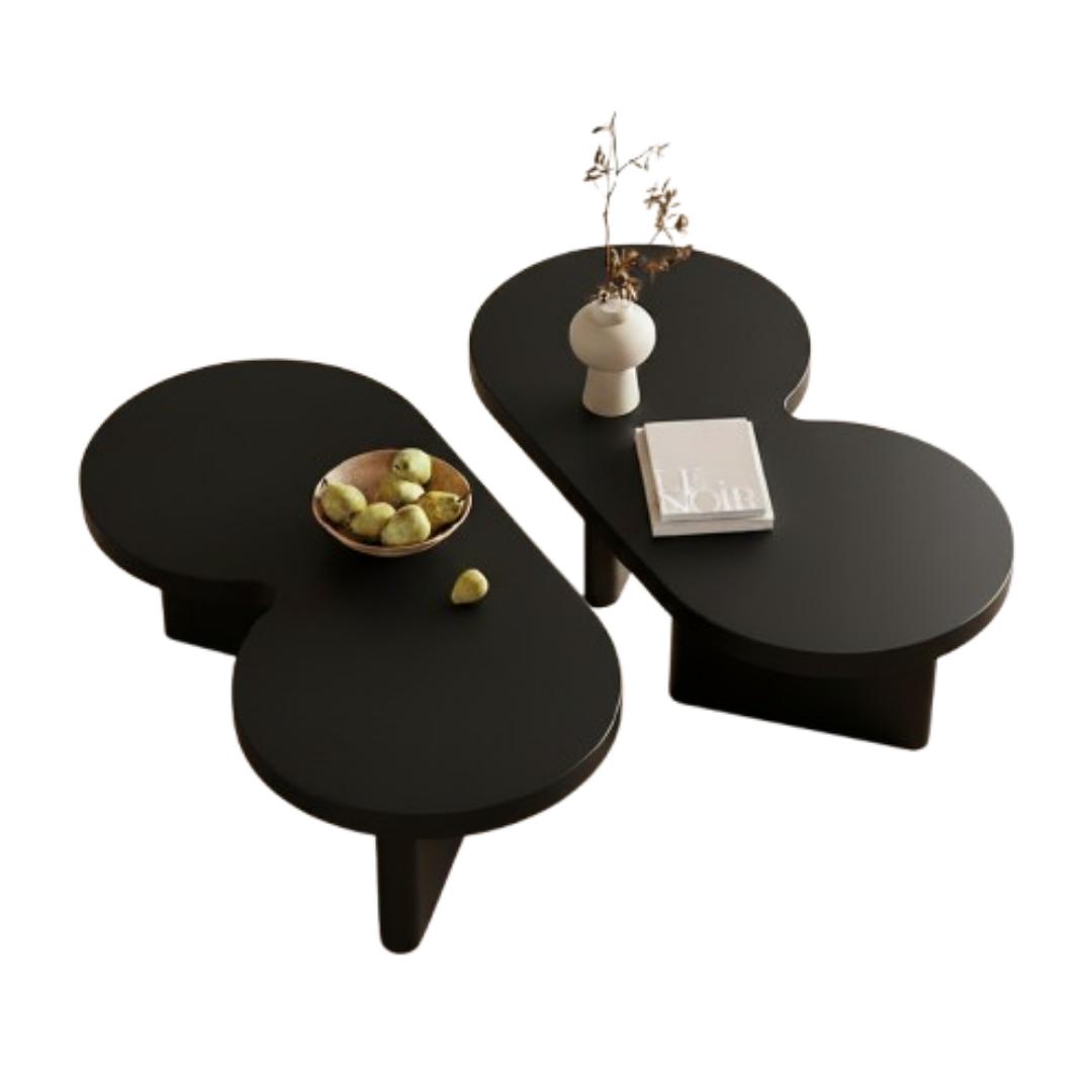 Modern Nesting Coffee Table Set of 2 - Elegant Matte Black & Wood Finish Low Profile Circular Minimalist Accent Tables for Living Room, Office, Home Decor - Durable, Stylish & Versatile Center Tables