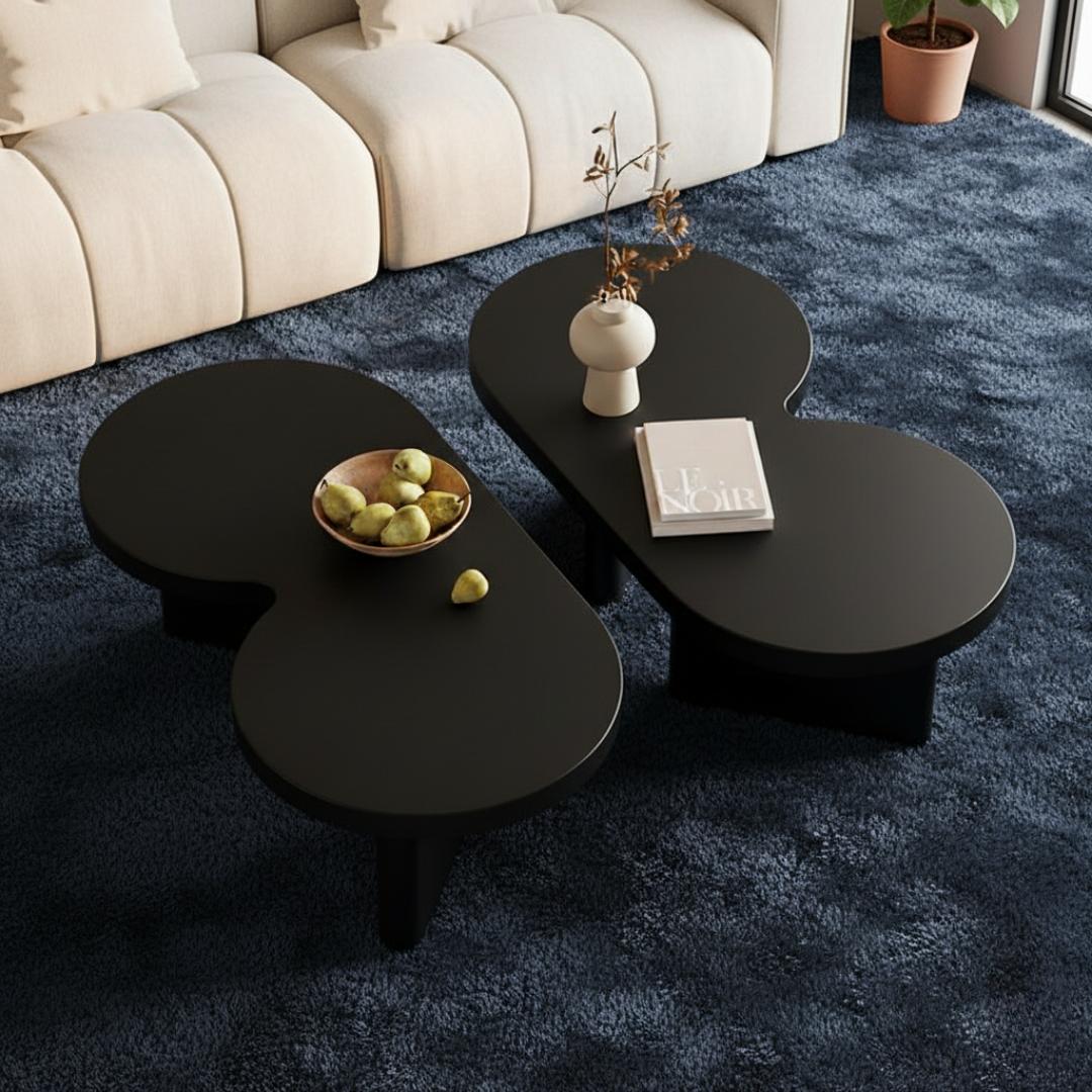 Modern Nesting Coffee Table Set of 2 - Elegant Matte Black & Wood Finish Low Profile Circular Minimalist Accent Tables for Living Room, Office, Home Decor - Durable, Stylish & Versatile Center Tables