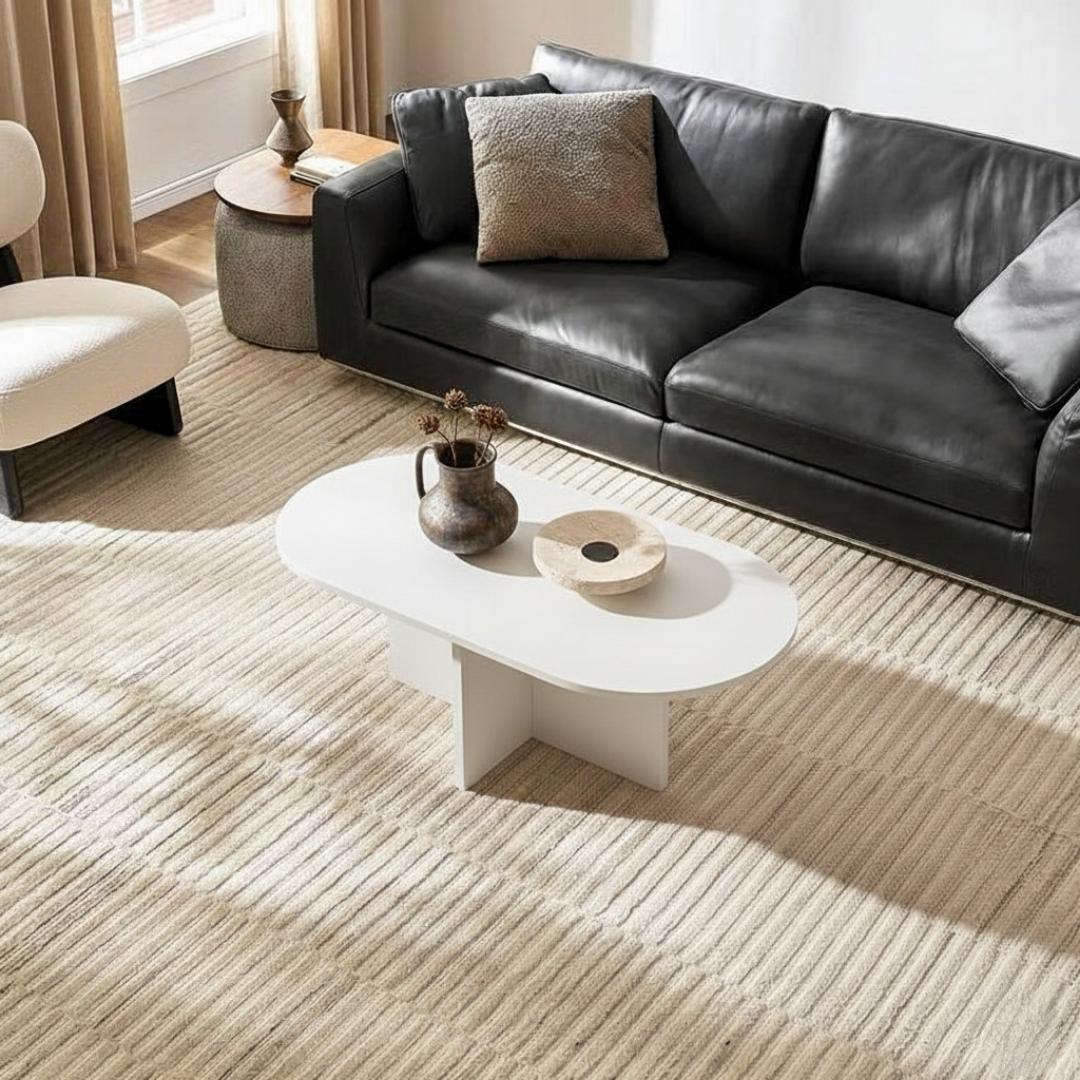 ​Modern Oval Coffee Table with Cross-Base - Elegant Center Table for Living Room & Office - Available in Royal Teak, Matte Black, & Minimalist White - Durable, Stylish & Versatile Home Furniture