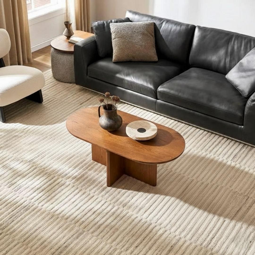 ​Modern Oval Coffee Table with Cross-Base - Elegant Center Table for Living Room & Office - Available in Royal Teak, Matte Black, & Minimalist White - Durable, Stylish & Versatile Home Furniture