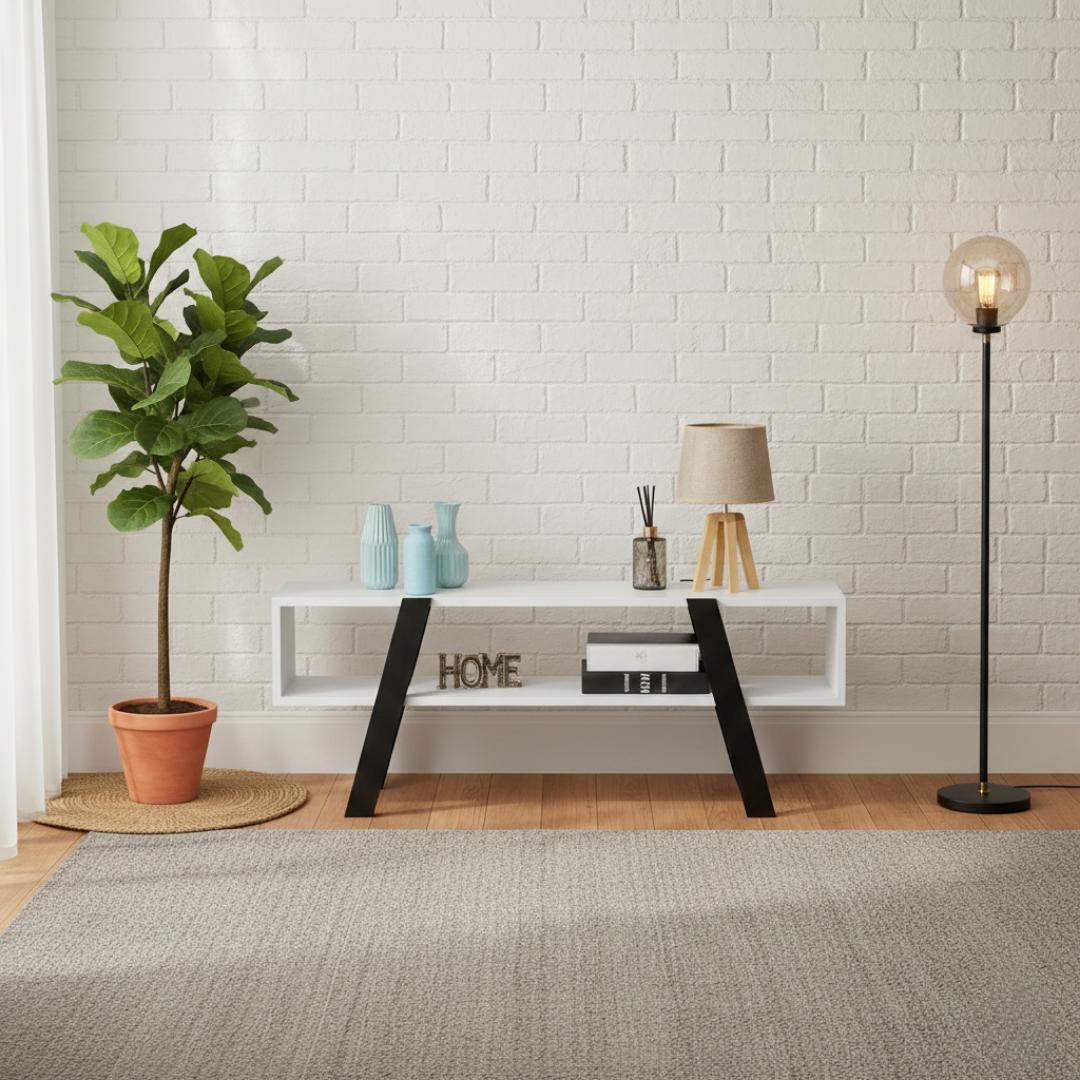 ​Modern White and Black TV Stand - Stylish Wooden Entertainment Center with Open Storage Shelves and Durable Solid Wood Legs - Elegant Living Room Media Console Table for Home Decor & Organization