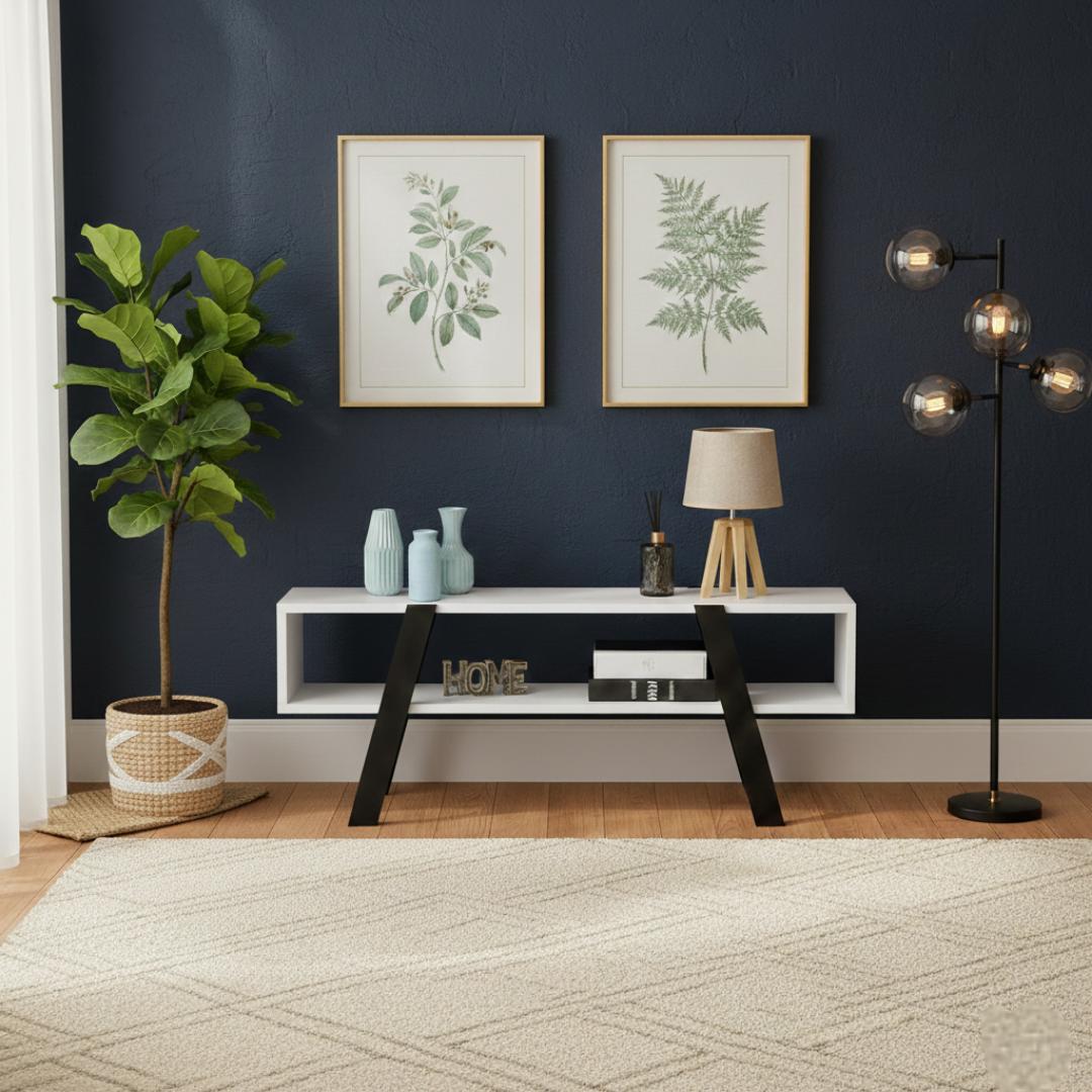 ​Modern White and Black TV Stand - Stylish Wooden Entertainment Center with Open Storage Shelves and Durable Solid Wood Legs - Elegant Living Room Media Console Table for Home Decor & Organization
