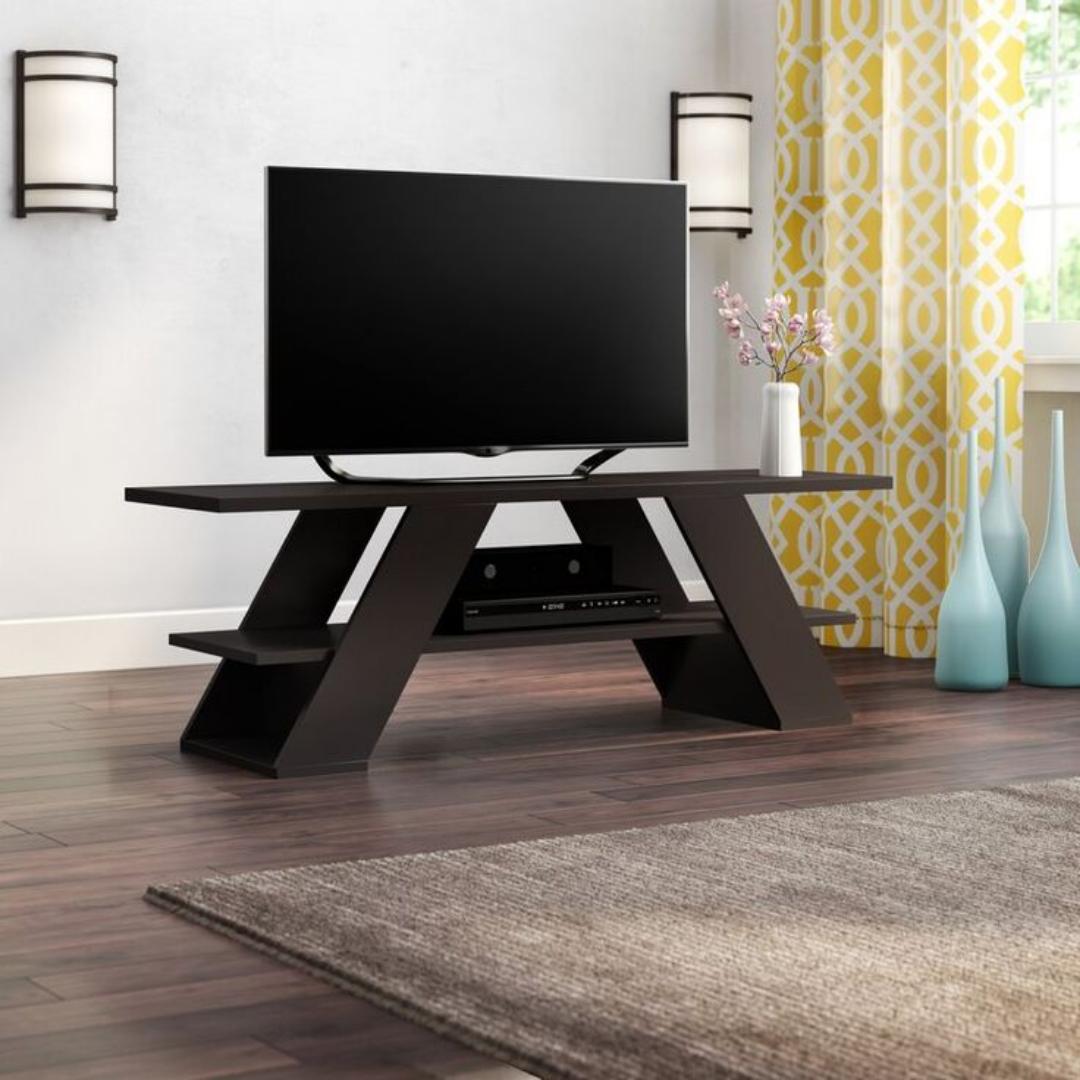 ​Royal Teak Modern TV Stand - Elegant Wooden Entertainment Center with Open Storage Shelves and Sturdy Geometric Wood Legs - Premium Living Room Media Console Table for Stylish Home Organization