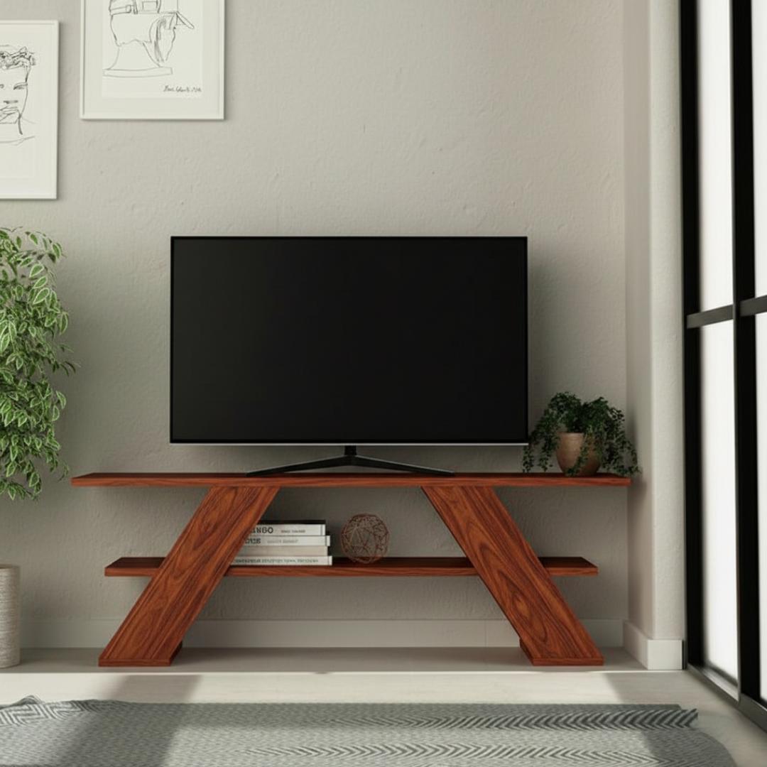 ​Royal Teak Modern TV Stand - Elegant Wooden Entertainment Center with Open Storage Shelves and Sturdy Geometric Wood Legs - Premium Living Room Media Console Table for Stylish Home Organization