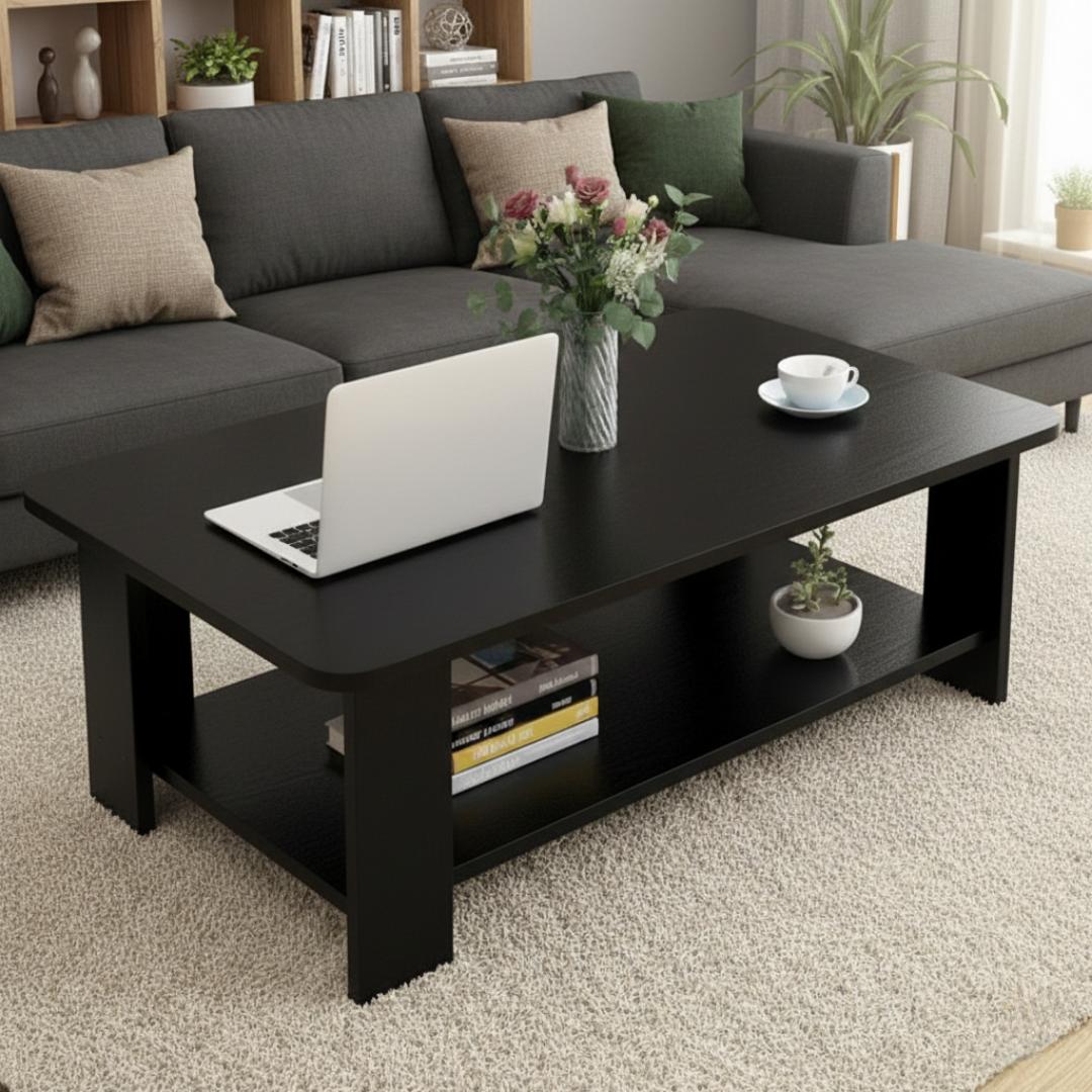 ​Modern Wooden Coffee Table with 2-Tier Storage Shelf – Elegant Center Table for Living Room & Office | Minimalist Rectangle Sofa Side Table | Durable MDF Accent Furniture | Easy Assembly – Dark & Woo
