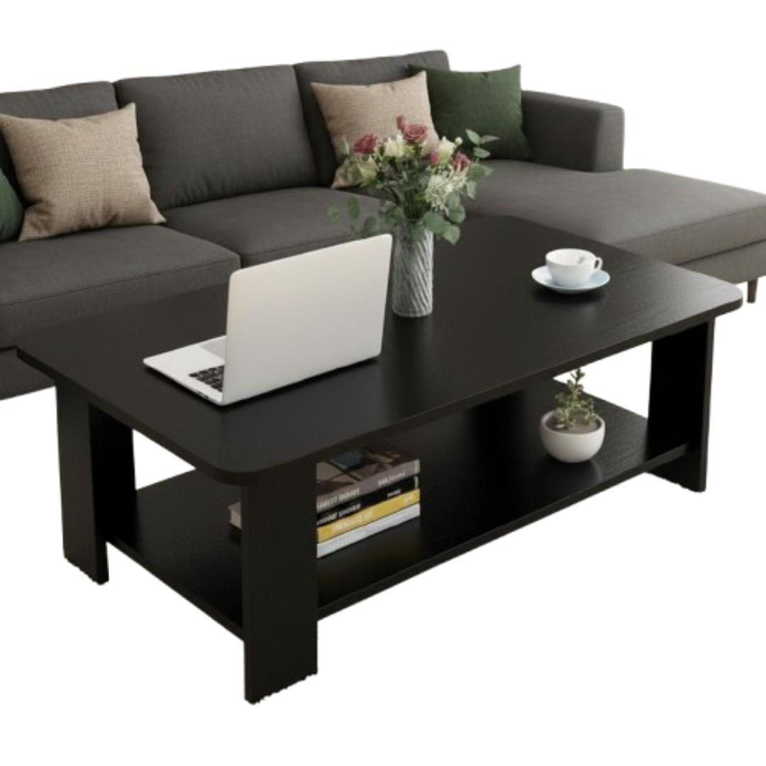 ​Modern Wooden Coffee Table with 2-Tier Storage Shelf – Elegant Center Table for Living Room & Office | Minimalist Rectangle Sofa Side Table | Durable MDF Accent Furniture | Easy Assembly – Dark & Woo