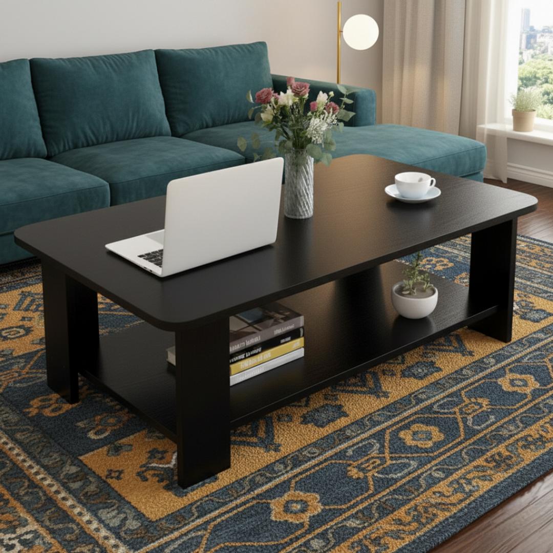 ​Modern Wooden Coffee Table with 2-Tier Storage Shelf – Elegant Center Table for Living Room & Office | Minimalist Rectangle Sofa Side Table | Durable MDF Accent Furniture | Easy Assembly – Dark & Woo