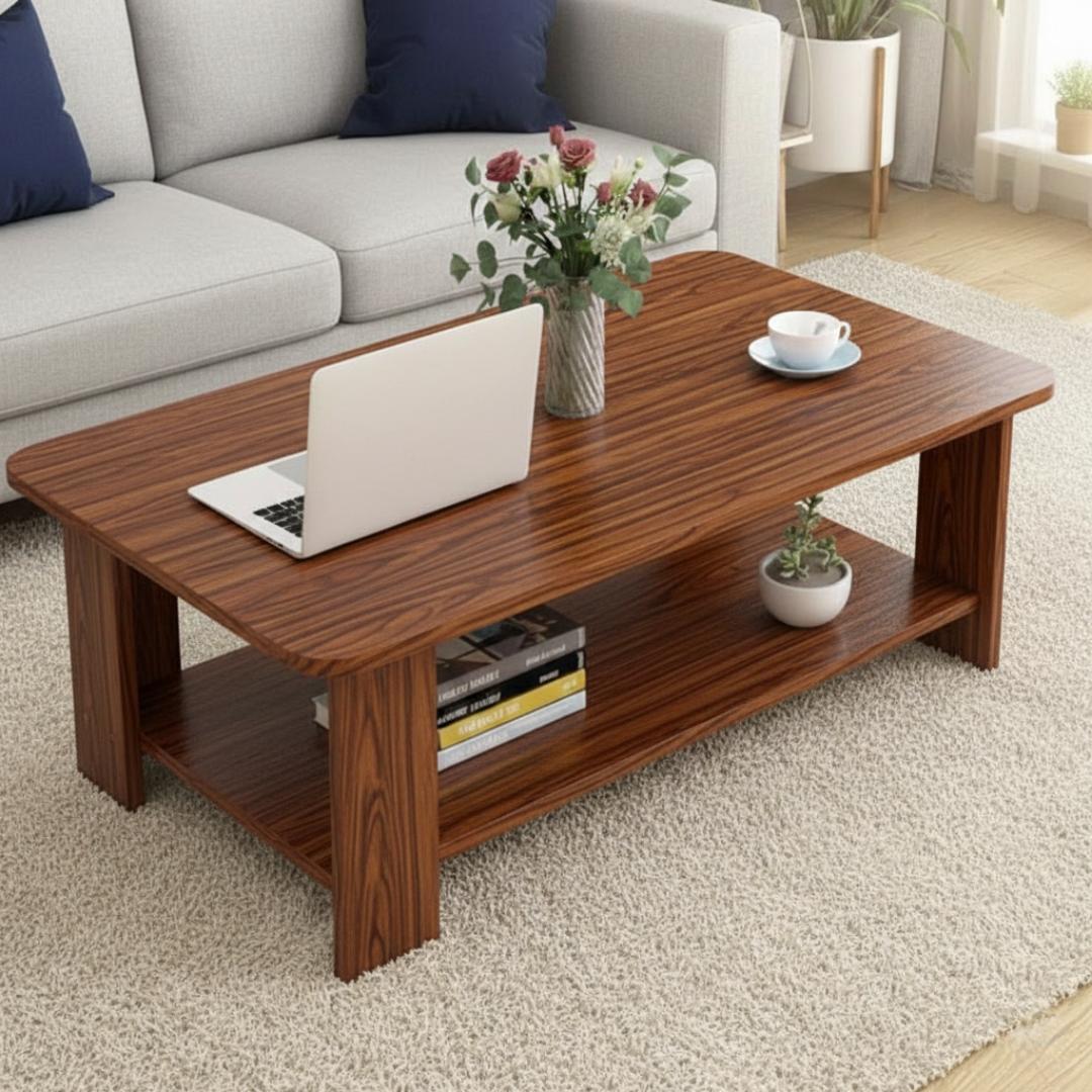 ​Modern Wooden Coffee Table with 2-Tier Storage Shelf – Elegant Center Table for Living Room & Office | Minimalist Rectangle Sofa Side Table | Durable MDF Accent Furniture | Easy Assembly – Dark & Woo