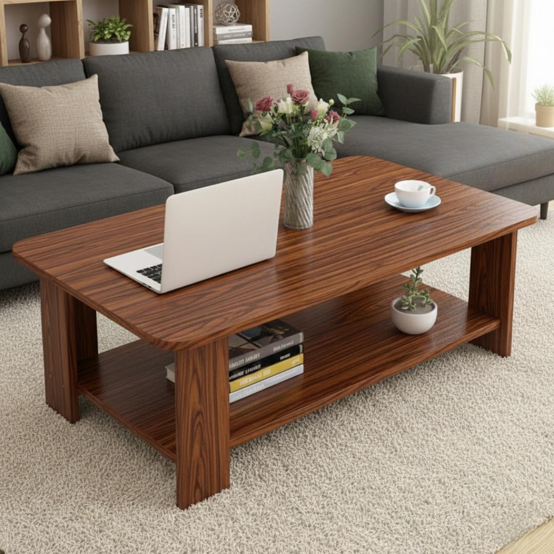 ​Modern Wooden Coffee Table with 2-Tier Storage Shelf – Elegant Center Table for Living Room & Office | Minimalist Rectangle Sofa Side Table | Durable MDF Accent Furniture | Easy Assembly – Dark & Woo