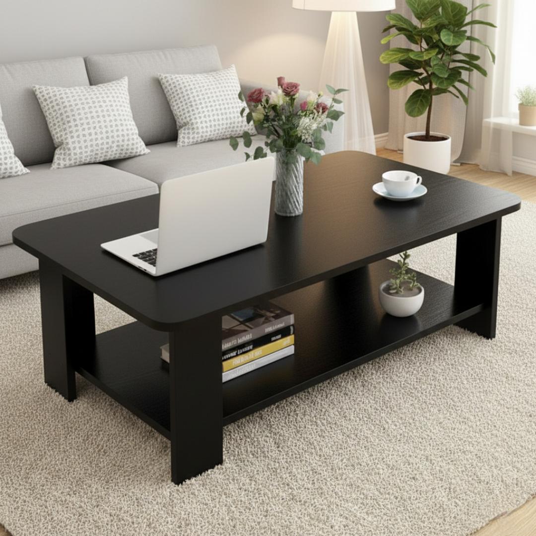 ​Modern Wooden Coffee Table with 2-Tier Storage Shelf – Elegant Center Table for Living Room & Office | Minimalist Rectangle Sofa Side Table | Durable MDF Accent Furniture | Easy Assembly – Dark & Woo