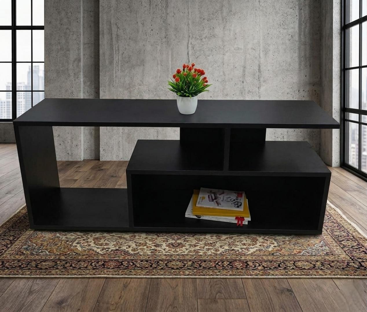 ​Modern Minimalist TV Stand & Entertainment Center - Royal Teak Top with Sleek Black Finish, Versatile Coffee Table & Media Console for Living Room, Durable Wooden TV Cabinet for Home Office