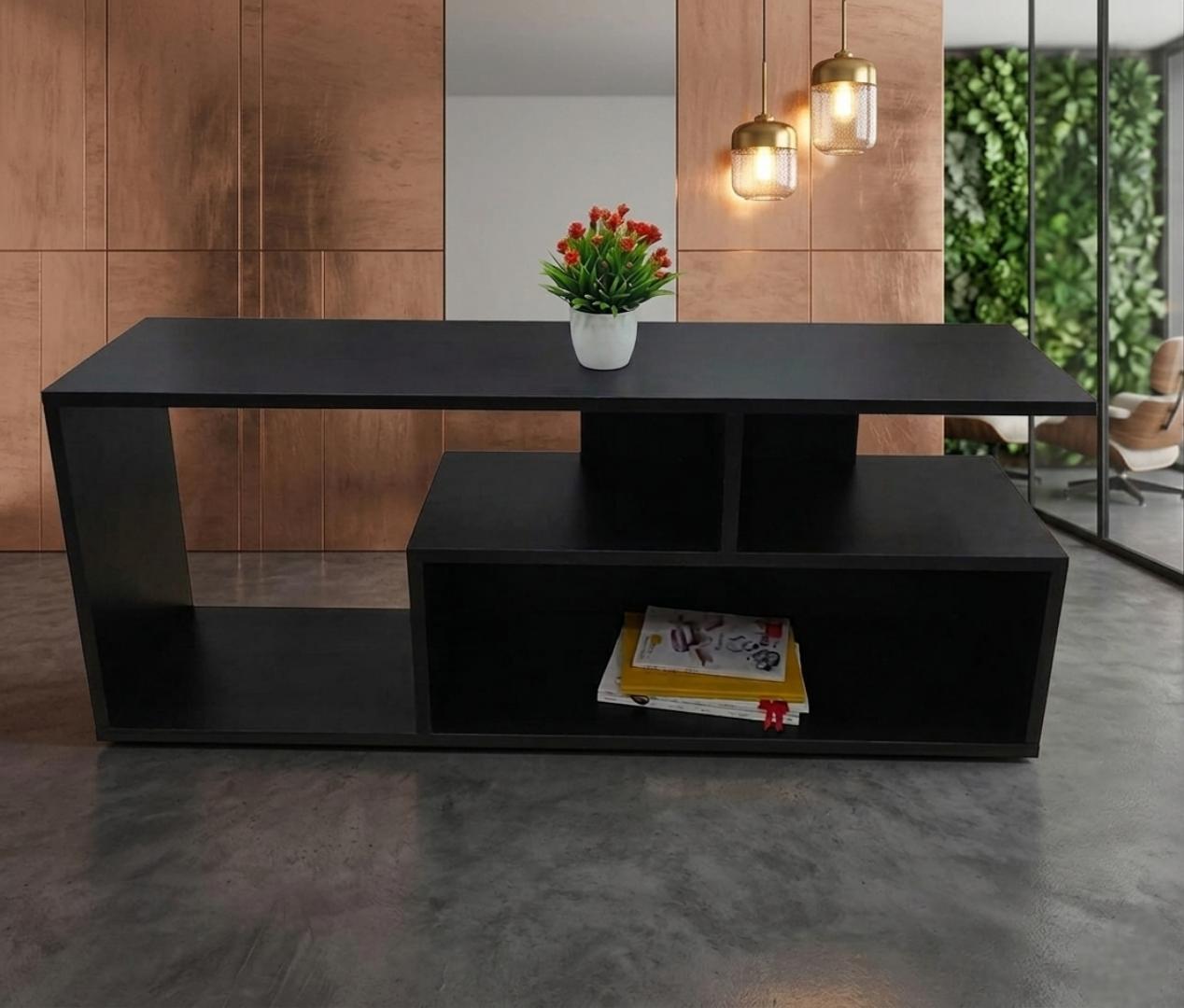 ​Modern Minimalist TV Stand & Entertainment Center - Royal Teak Top with Sleek Black Finish, Versatile Coffee Table & Media Console for Living Room, Durable Wooden TV Cabinet for Home Office