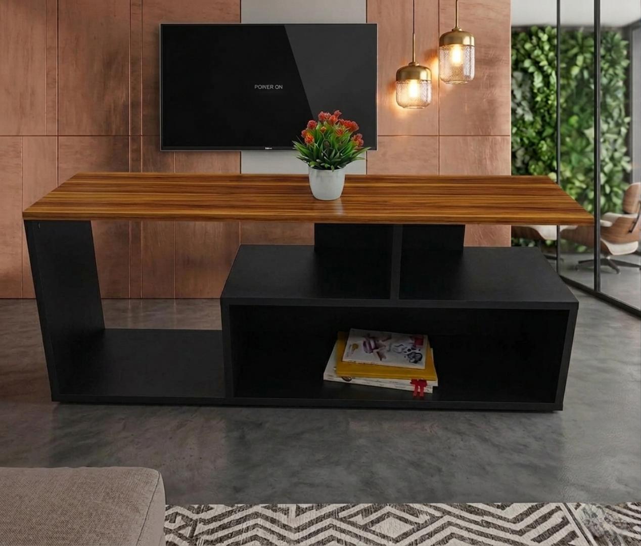 ​Modern Minimalist TV Stand & Entertainment Center - Royal Teak Top with Sleek Black Finish, Versatile Coffee Table & Media Console for Living Room, Durable Wooden TV Cabinet for Home Office