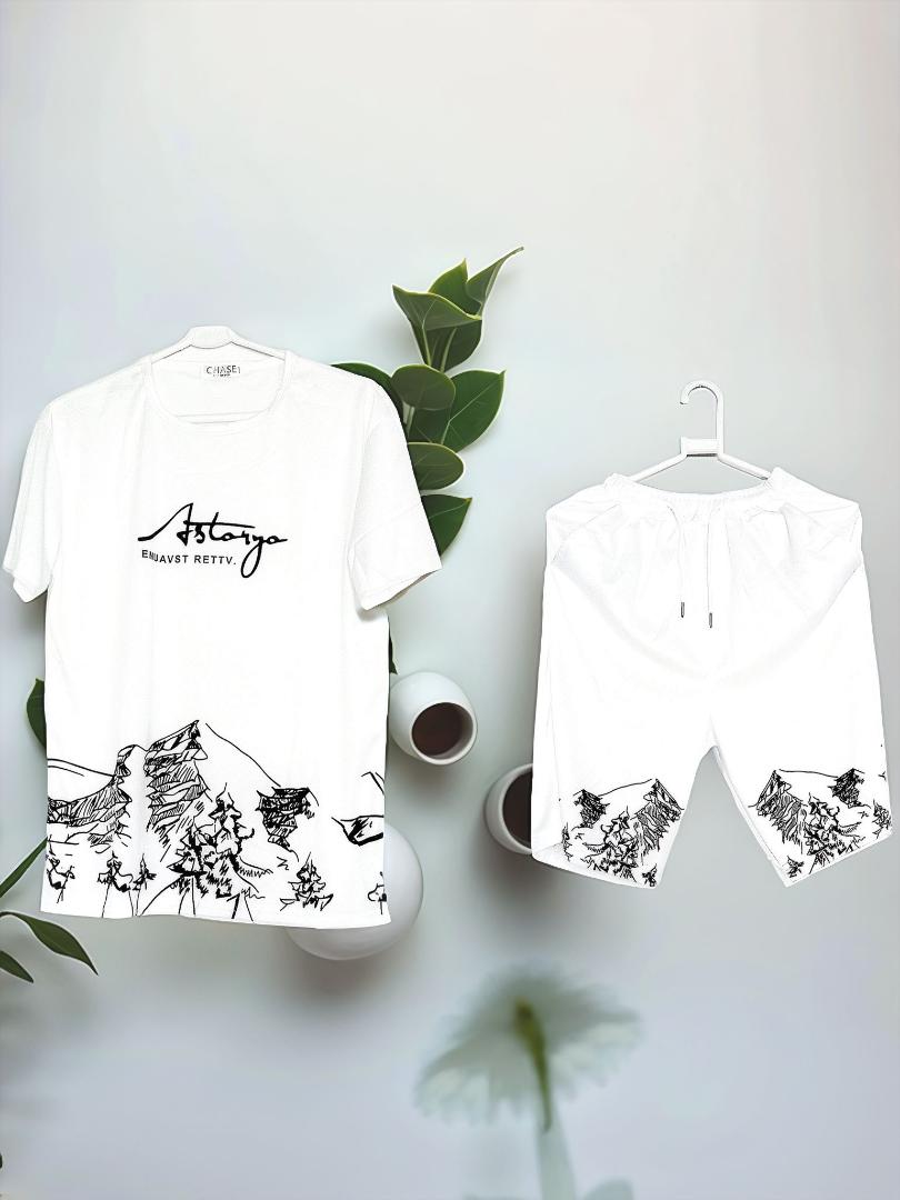 Unisex 2 PCS Astonyo Enuavst Rettv Fashion Adult White Round Neck Short-Sleeve T-Shirt and Shorts Set with Mountain Print – Casual Summer Outfit for Men and Women