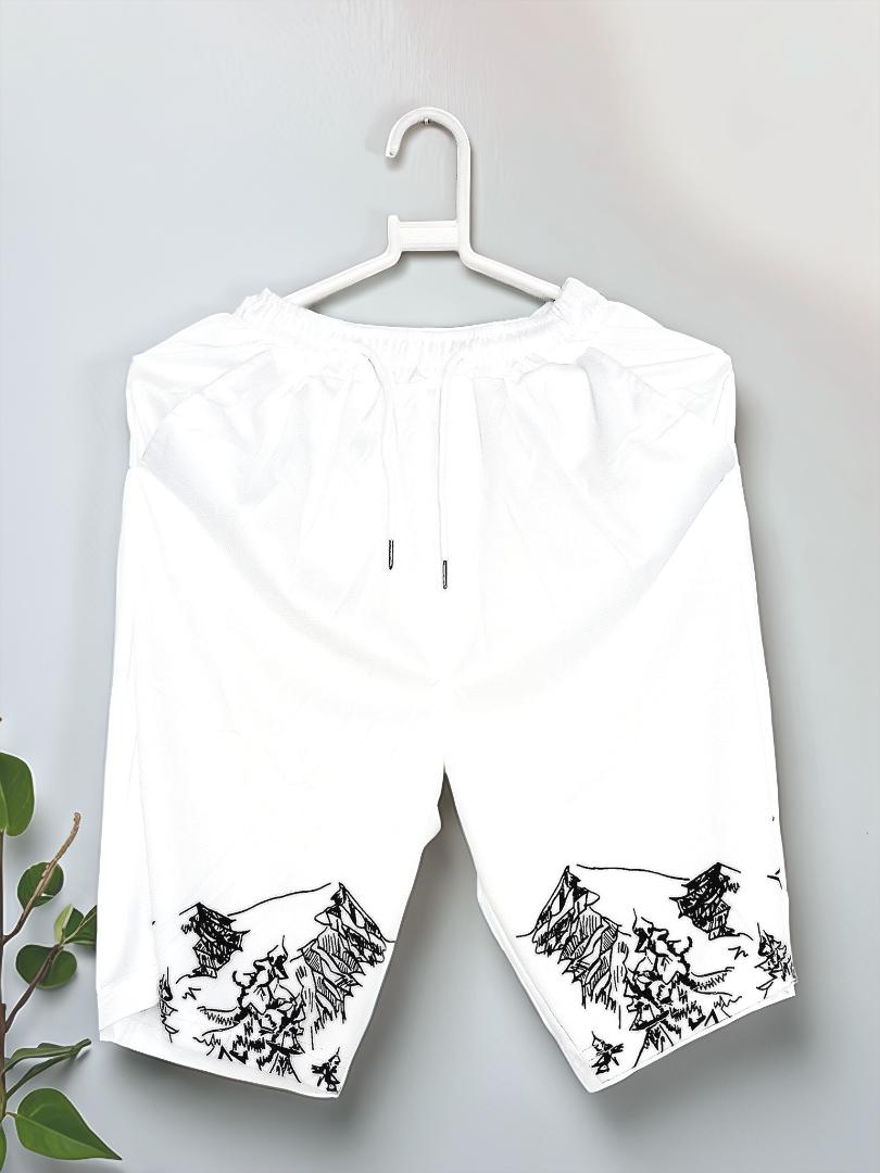Unisex 2 PCS Astonyo Enuavst Rettv Fashion Adult White Round Neck Short-Sleeve T-Shirt and Shorts Set with Mountain Print – Casual Summer Outfit for Men and Women