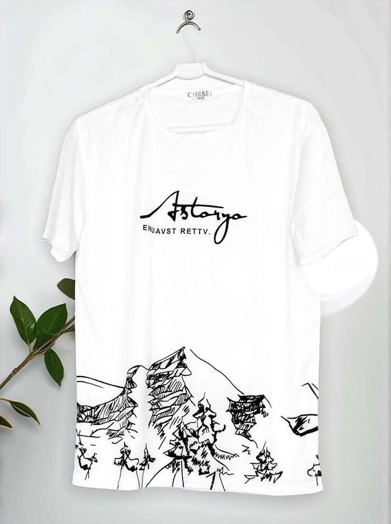 Unisex 2 PCS Astonyo Enuavst Rettv Fashion Adult White Round Neck Short-Sleeve T-Shirt and Shorts Set with Mountain Print – Casual Summer Outfit for Men and Women