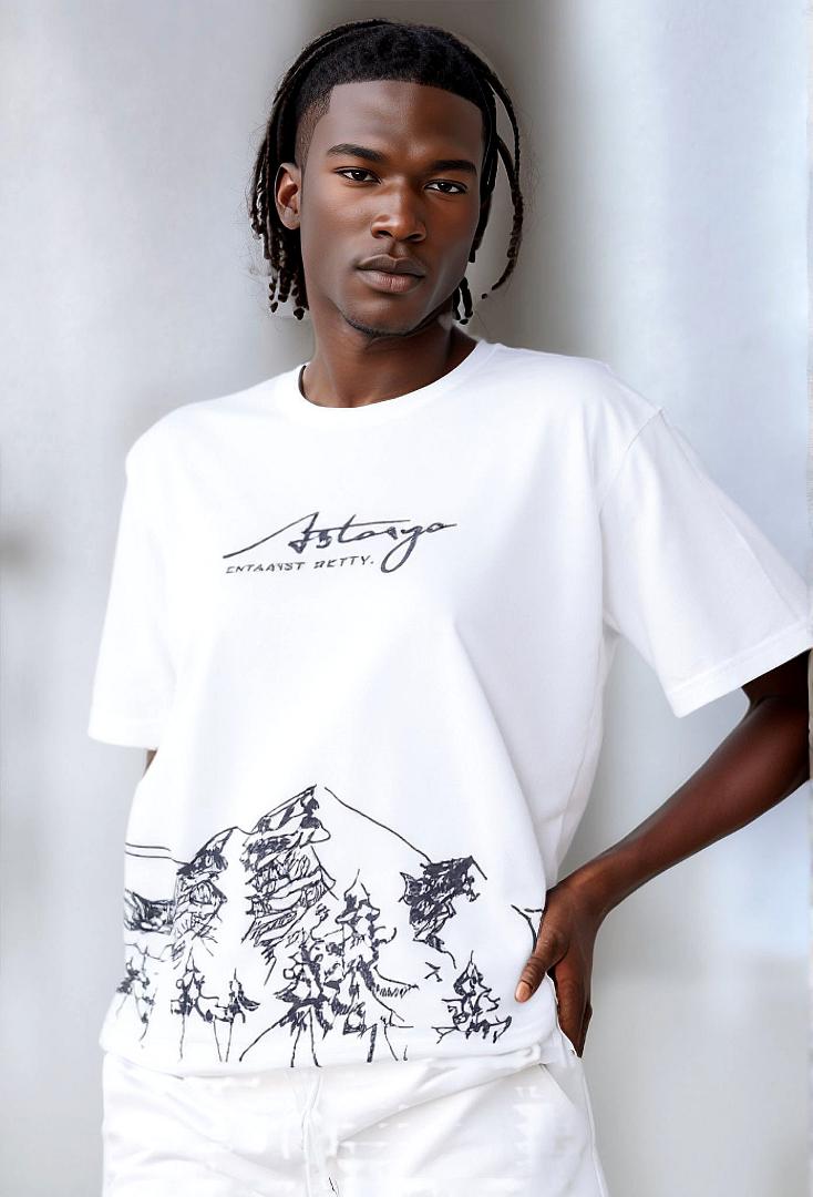 Unisex 2 PCS Astonyo Enuavst Rettv Fashion Adult White Round Neck Short-Sleeve T-Shirt and Shorts Set with Mountain Print – Casual Summer Outfit for Men and Women