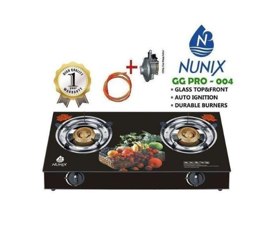 Nunix Glass Table Top Double Burner Gas COOKERS + Pipe & Regulator Black