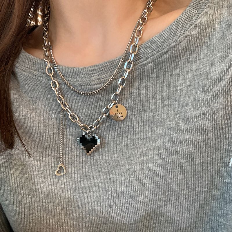 Titanium steel mosaic peach heart love double necklace women's ins niche light luxury hip hop stacking does not fade sweatshirt chain jewelry gift necklace best