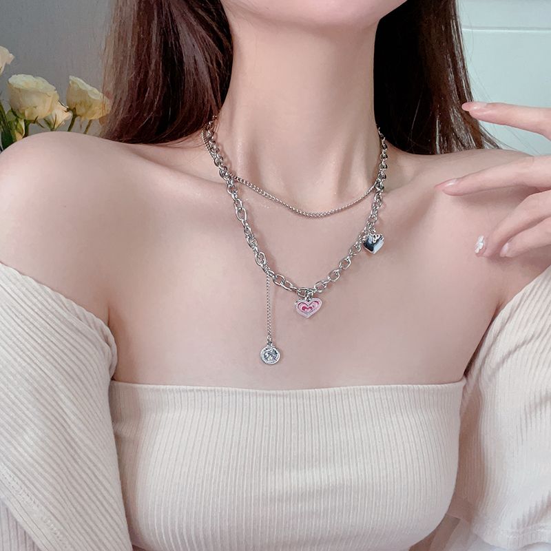 Titanium steel mosaic peach heart love double necklace women's ins niche light luxury hip hop stacking does not fade sweatshirt chain jewelry gift necklace best