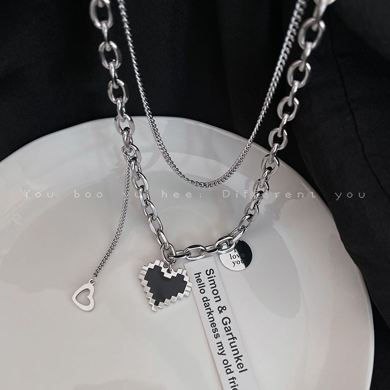 Titanium steel mosaic peach heart love double necklace women's ins niche light luxury hip hop stacking does not fade sweatshirt chain jewelry gift necklace best