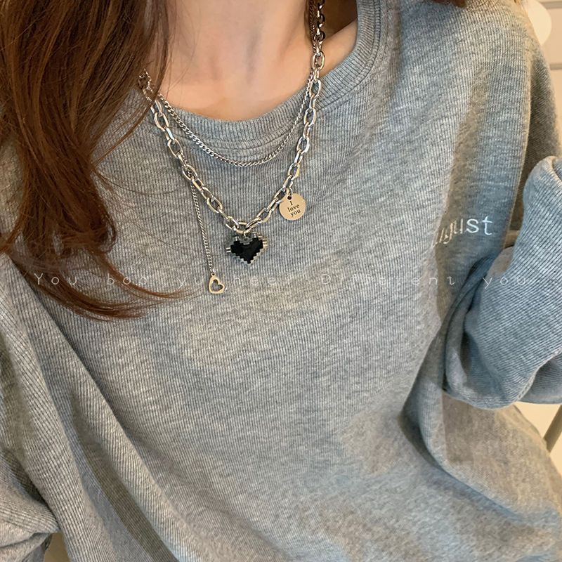 Titanium steel mosaic peach heart love double necklace women's ins niche light luxury hip hop stacking does not fade sweatshirt chain jewelry gift necklace best