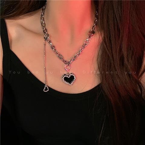 Titanium steel mosaic peach heart love double necklace women's ins niche light luxury hip hop stacking does not fade sweatshirt chain jewelry gift necklace best