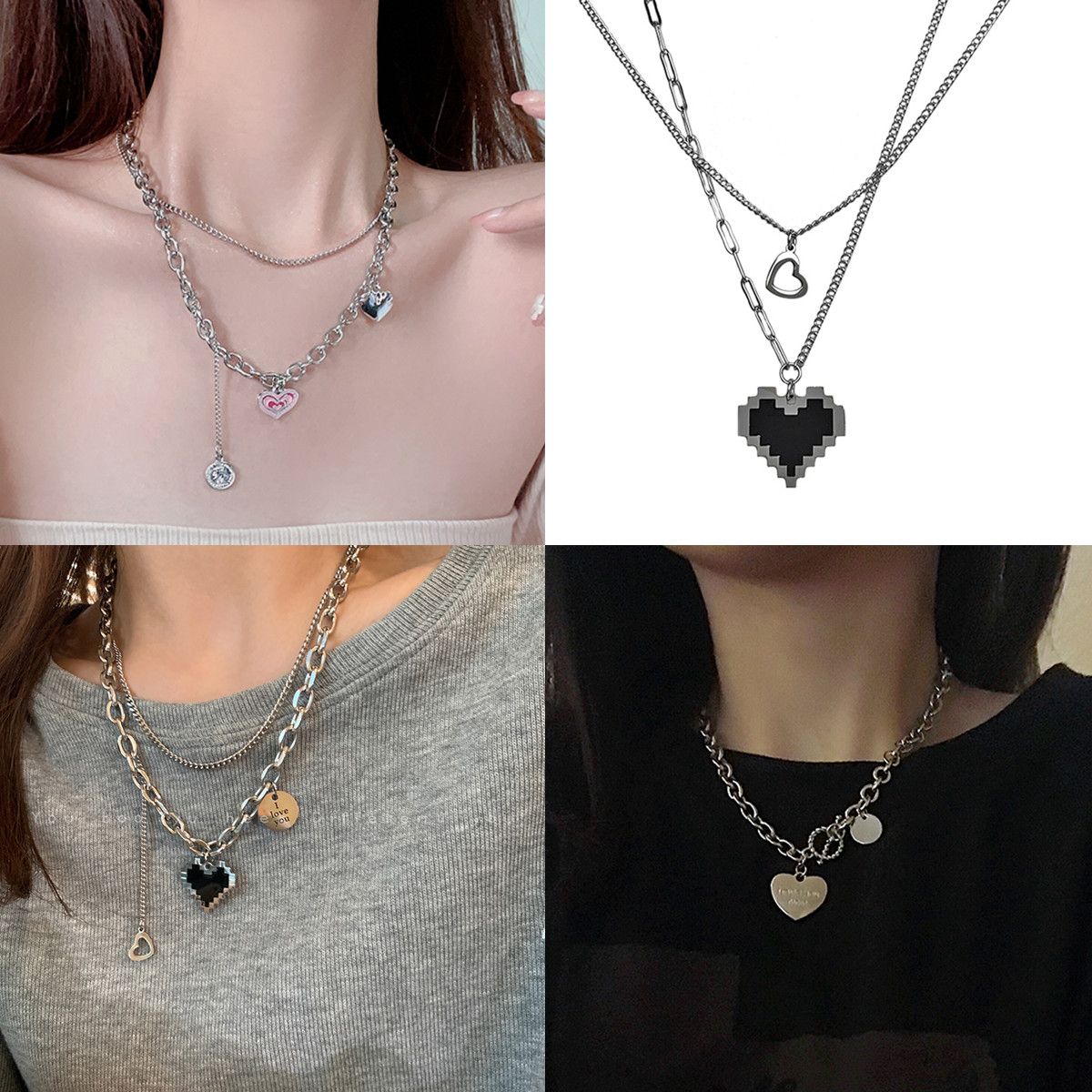 Titanium steel mosaic peach heart love double necklace women's ins niche light luxury hip hop stacking does not fade sweatshirt chain jewelry gift necklace best