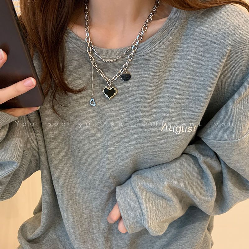 Titanium steel mosaic peach heart love double necklace women's ins niche light luxury hip hop stacking does not fade sweatshirt chain jewelry gift necklace best