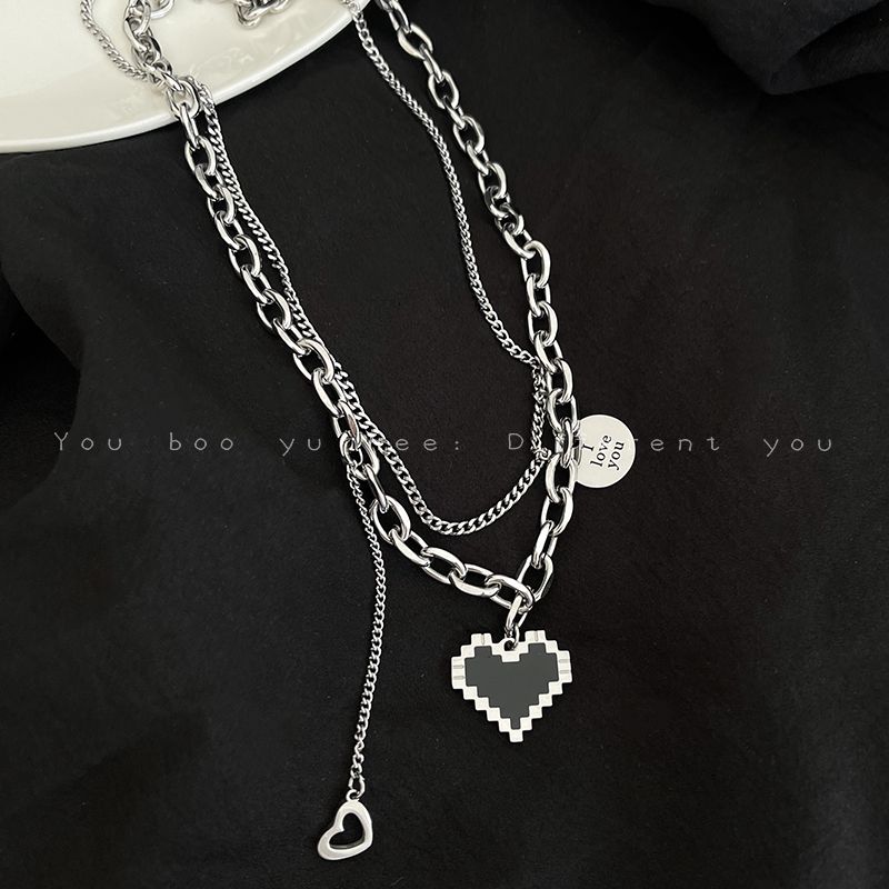 Titanium steel mosaic peach heart love double necklace women's ins niche light luxury hip hop stacking does not fade sweatshirt chain jewelry gift necklace best