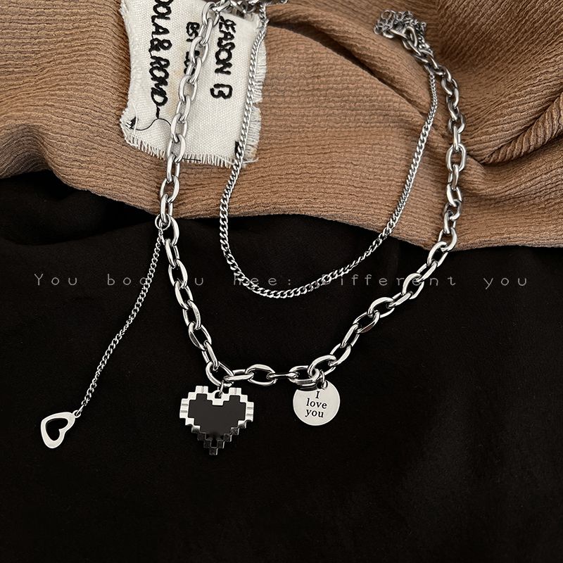 Titanium steel mosaic peach heart love double necklace women's ins niche light luxury hip hop stacking does not fade sweatshirt chain jewelry gift necklace best