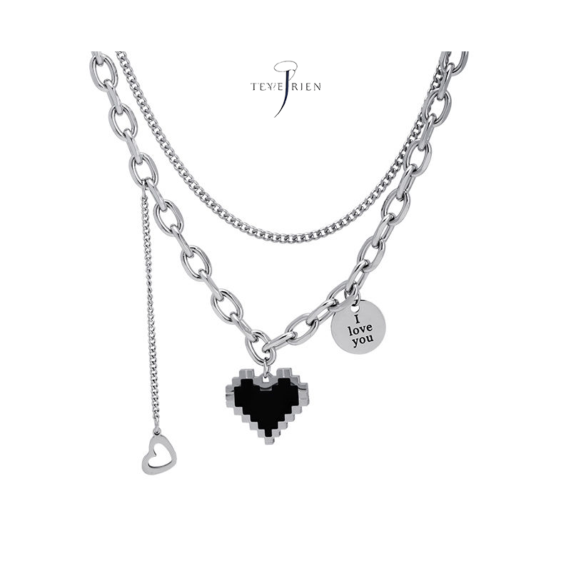 Titanium steel mosaic peach heart love double necklace women's ins niche light luxury hip hop stacking does not fade sweatshirt chain jewelry gift necklace best