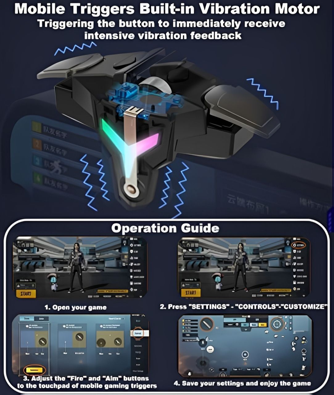 Mobile Game Triggers for iPhone / Android, Shooter Sensitive Controller Joystick Aiming & Fire Trigger for PUBG, COD, Fortnte with RGB Lighting & Shooting Vibration, Zero Lag, 4 Burst Modes