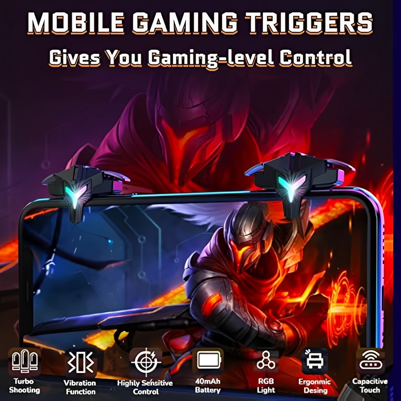Mobile Game Triggers for iPhone / Android, Shooter Sensitive Controller Joystick Aiming & Fire Trigger for PUBG, COD, Fortnte with RGB Lighting & Shooting Vibration, Zero Lag, 4 Burst Modes